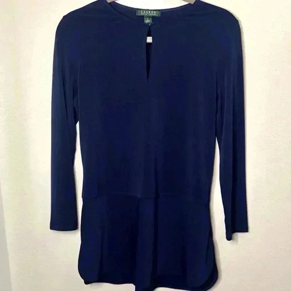 Lauren Ralph Lauren Navy rounded neckline blouse split seam hook & eye closure - Picture 2 of 9